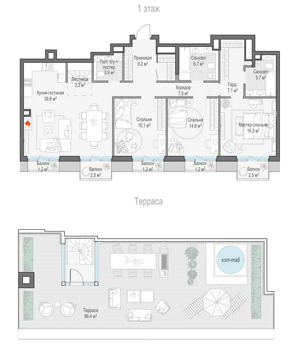 4-комнатный пентхаус, 128.8 м²
