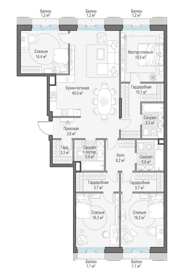 4-комнатная квартира, 156 м²