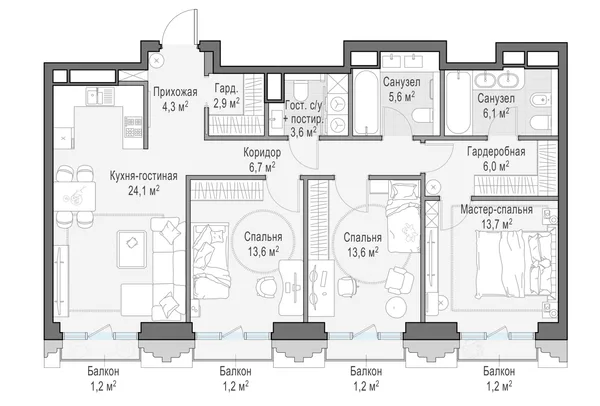 4-комнатная квартира, 101.8 м²
