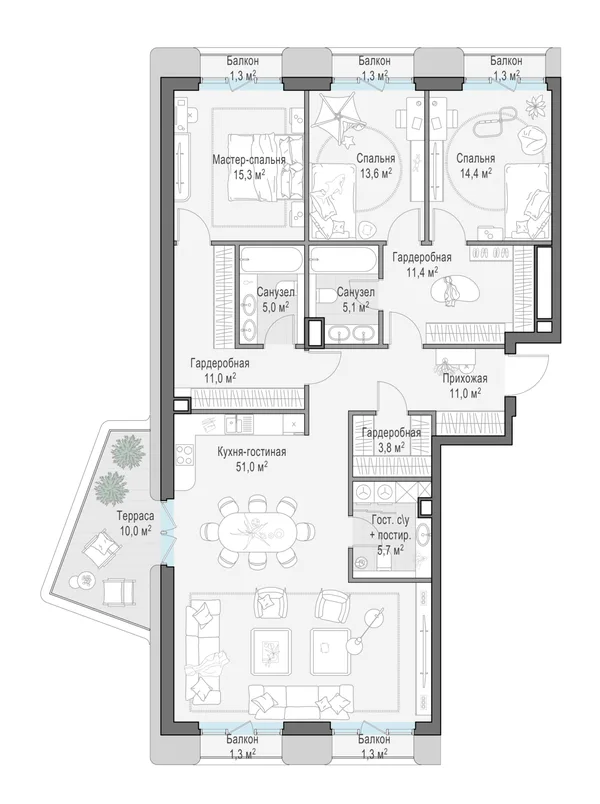 5-комнатная квартира, 151.4 м²