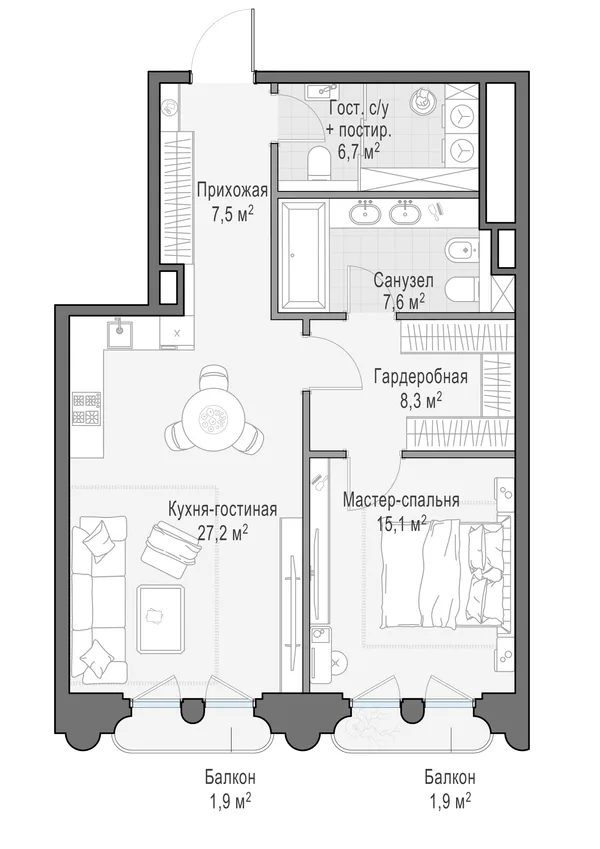 1-комнатная квартира, 73.8 м²