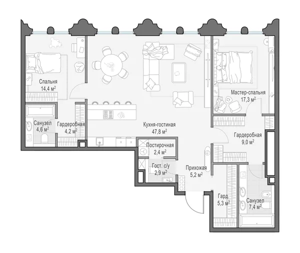 2-комнатная квартира, 120.8 м²