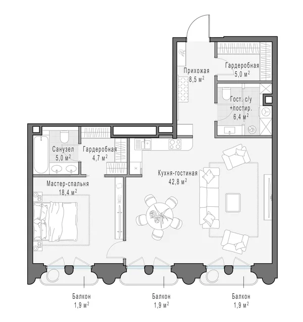 2-комнатная квартира, 91.9 м²