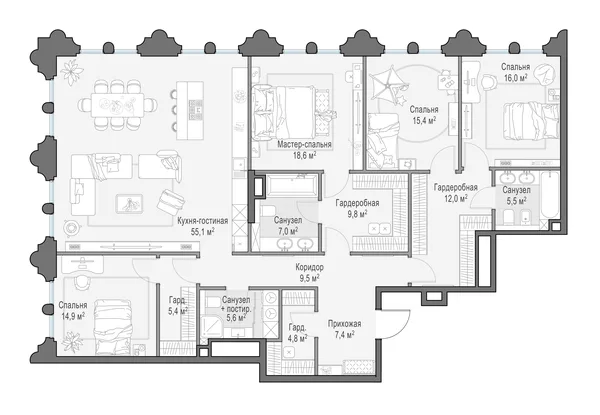 4-комнатная квартира, 187 м²