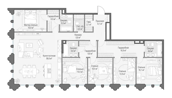 4-комнатная квартира, 204.9 м²