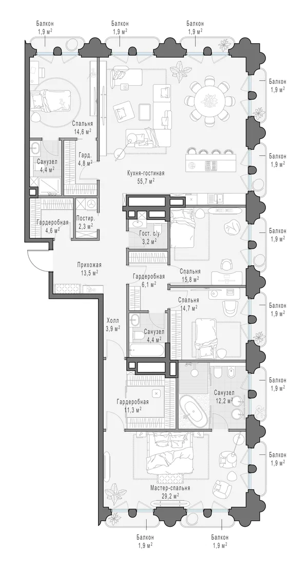 4-комнатная квартира, 206.4 м²