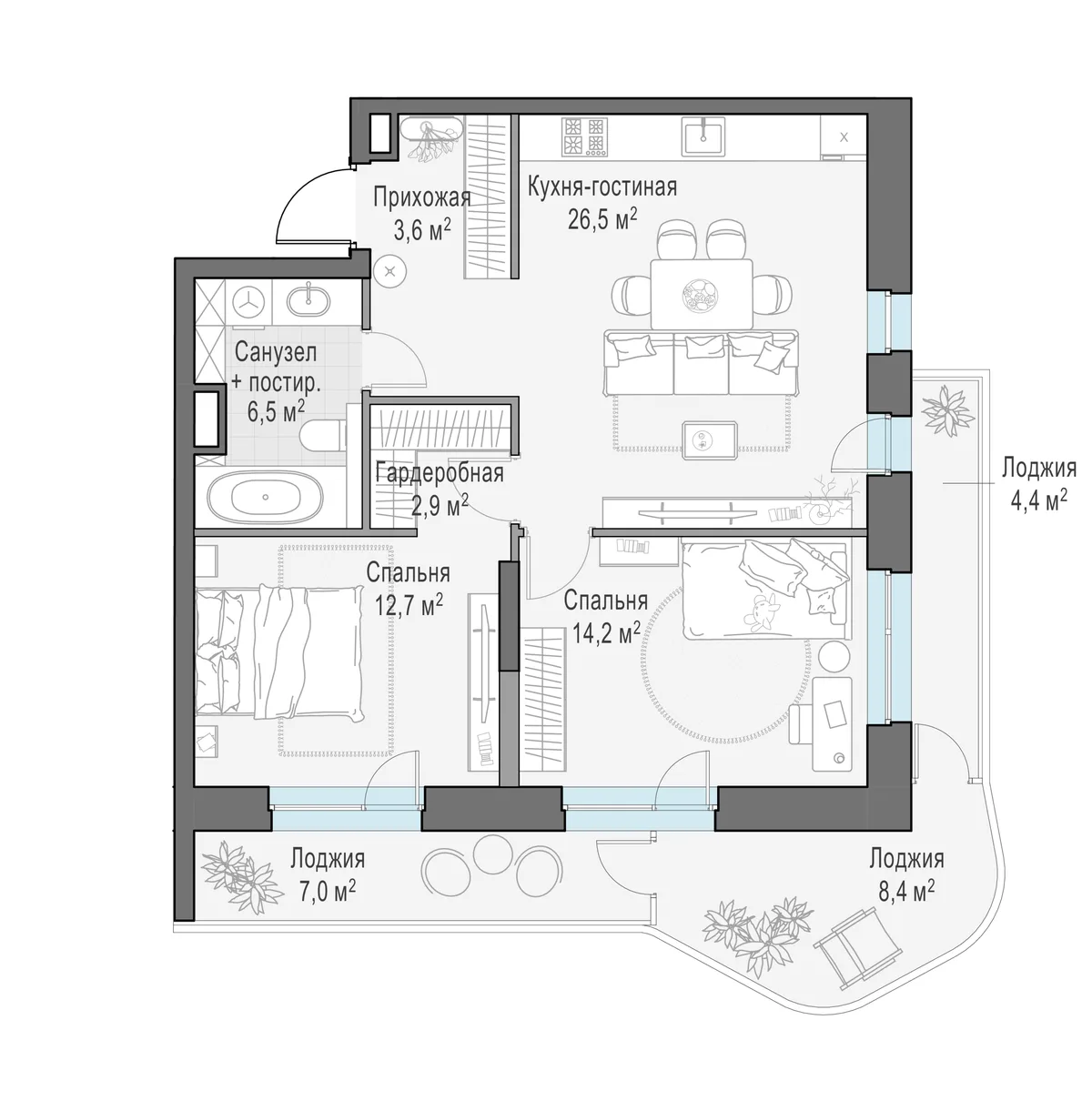 2-комнатная квартира 76,1 м² в ЖК «Foriver» — планировки 1