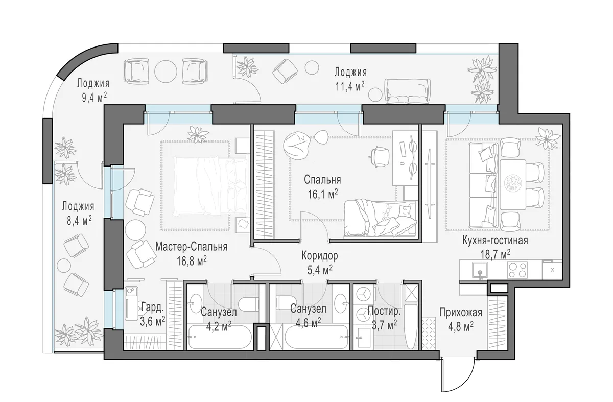 2-комнатная квартира 92,9 м² в ЖК «Foriver» — планировки 1