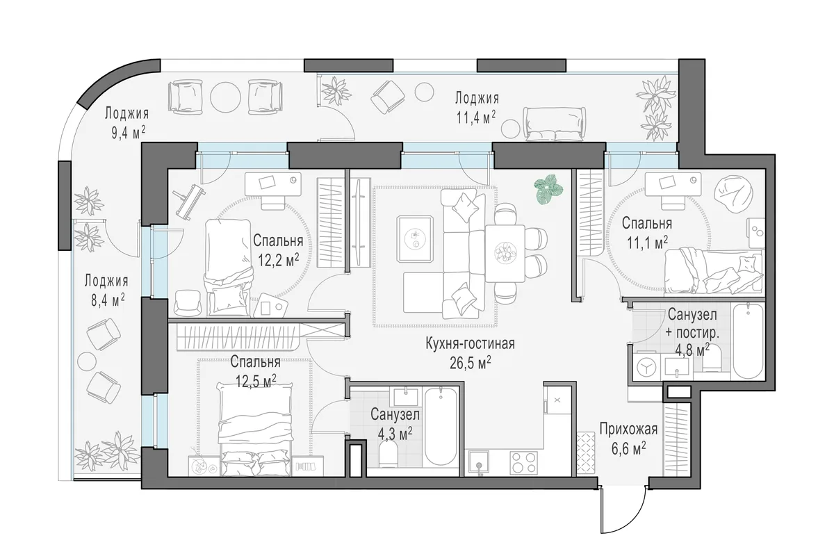 2-комнатная квартира 92,9 м² в ЖК «Foriver» — планировки 2