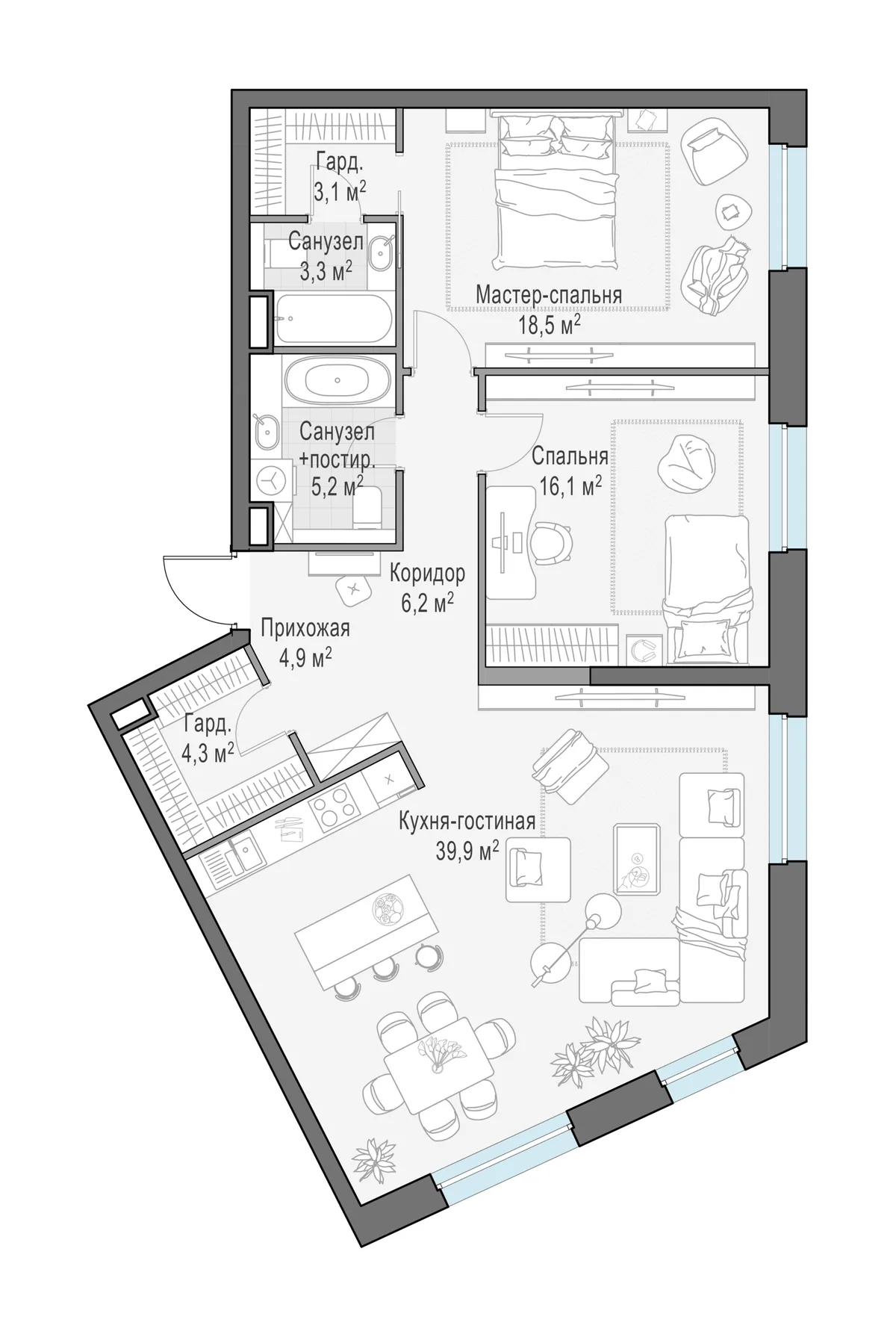 3-комнатная квартира 102,3 м² в ЖК «Foriver» — планировки 1