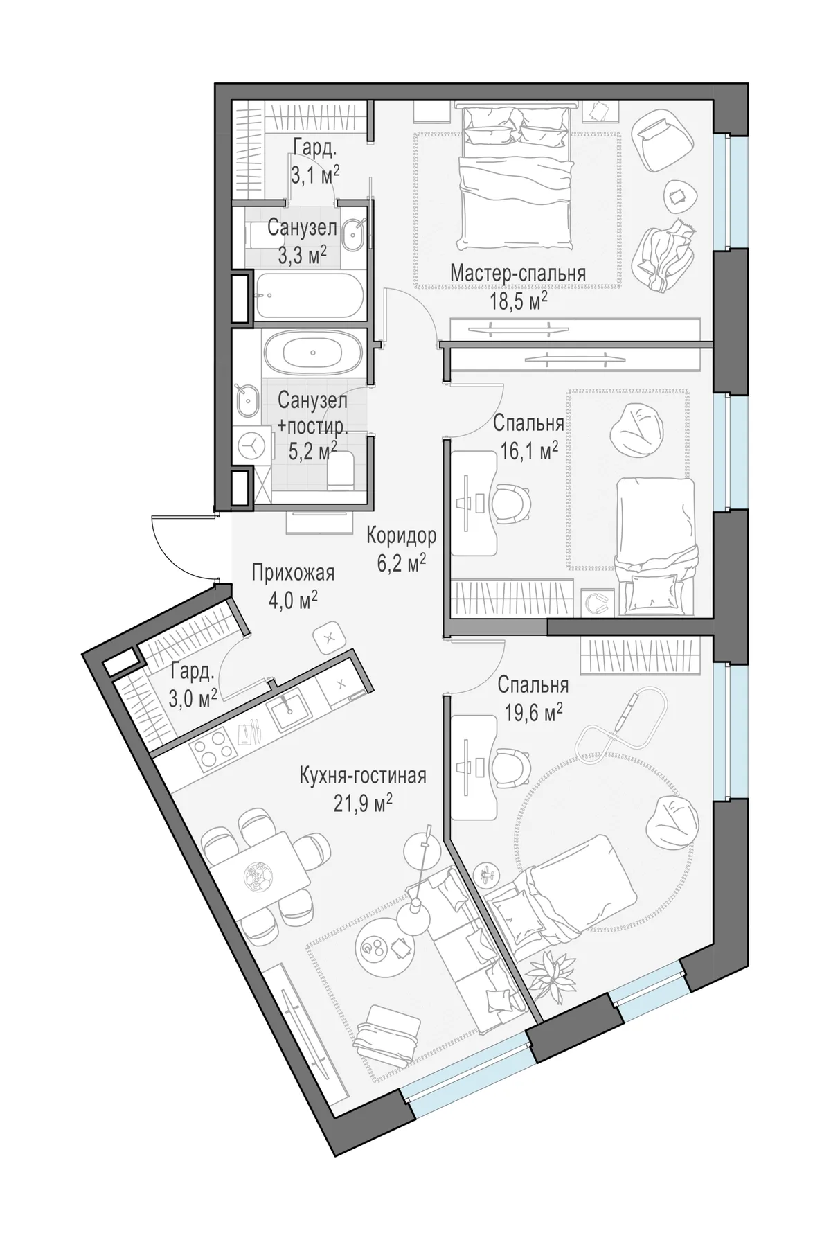 3-комнатная квартира 102,3 м² в ЖК «Foriver» — планировки 2