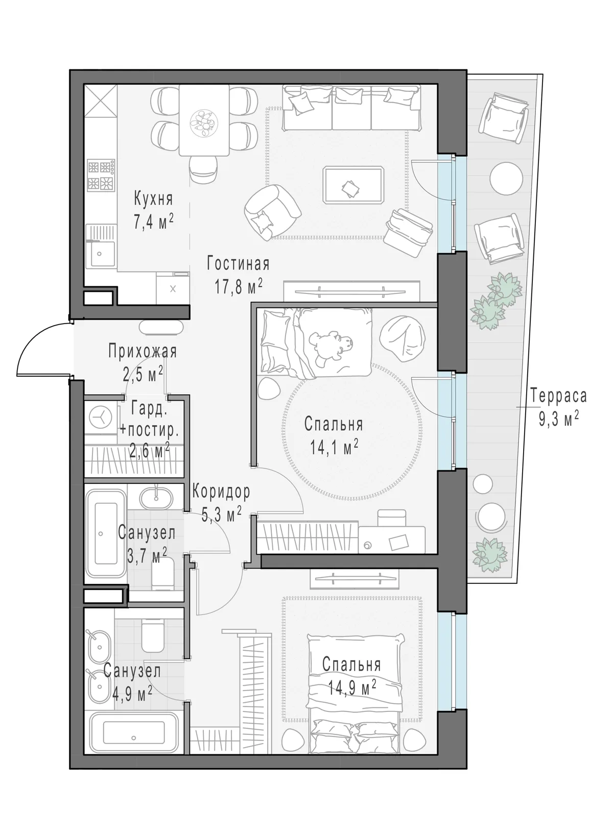 3-комнатная квартира 76 м² в ЖК «Foriver» — планировки 1