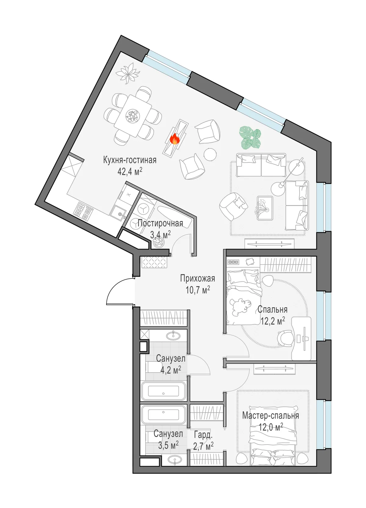 3-комнатный пентхаус 91,6 м² в ЖК «Foriver» — планировки 1