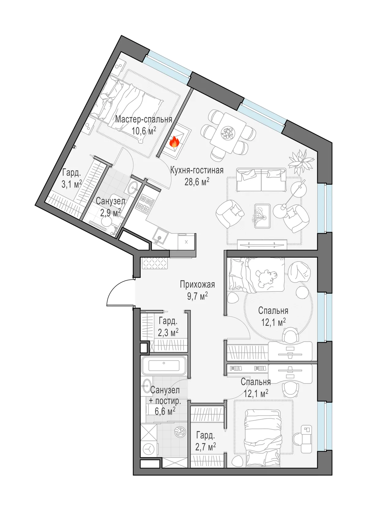 3-комнатный пентхаус 91,6 м² в ЖК «Foriver» — планировки 2