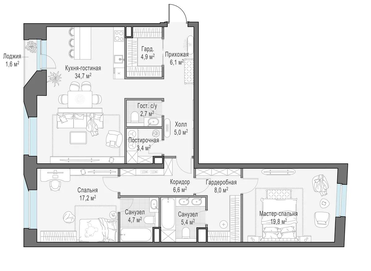3-комнатная квартира 119,9 м² в ЖК «Foriver» — планировки 2
