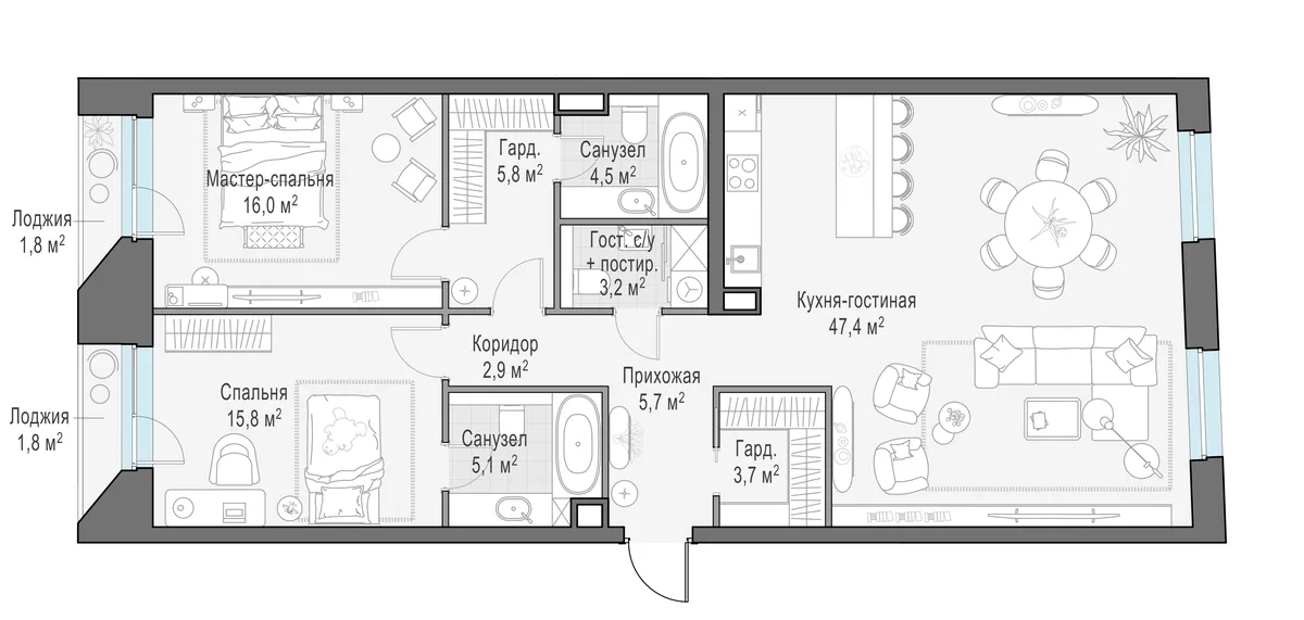 3-комнатная квартира 112 м² в ЖК «Foriver» — планировки 2