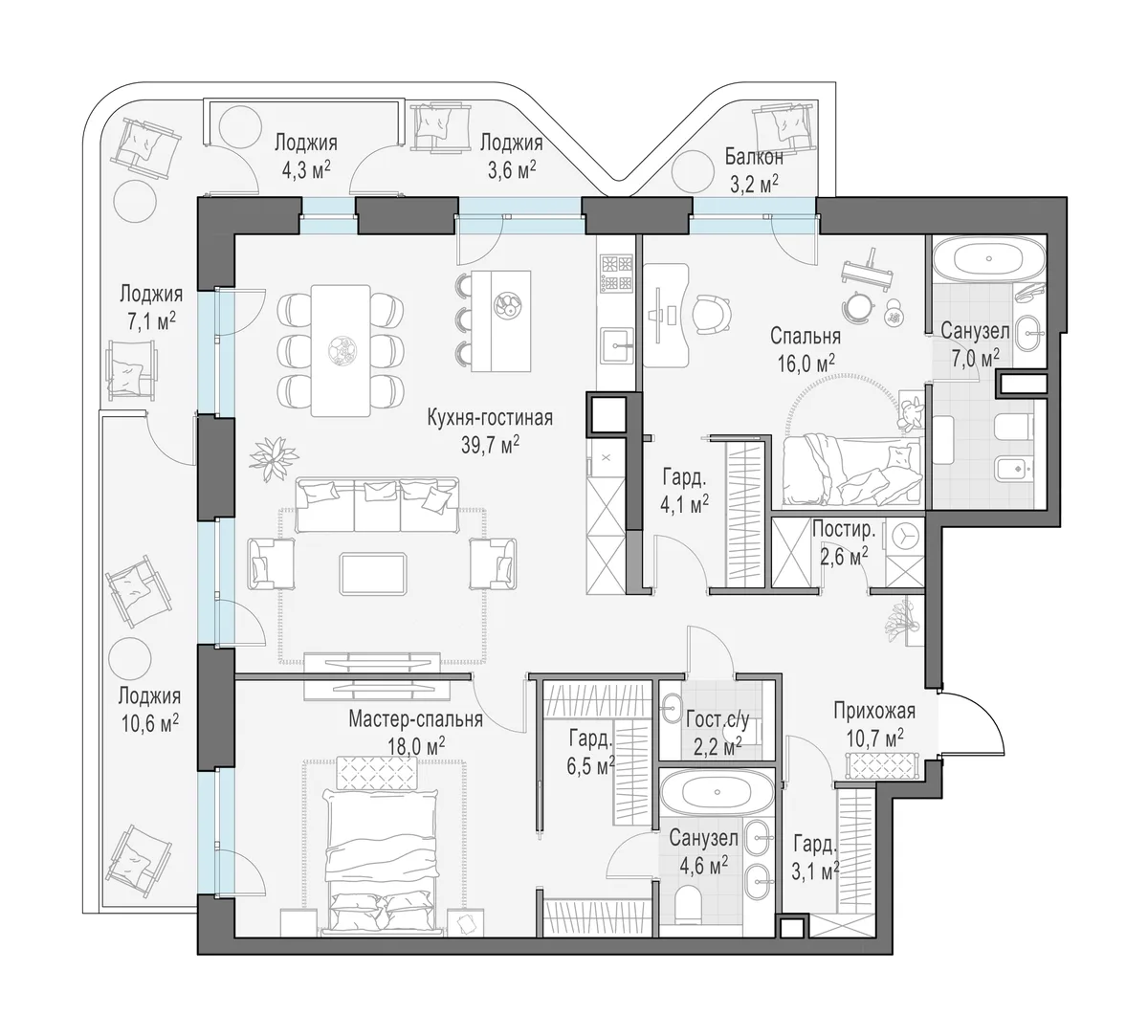 3-комнатная квартира 126,5 м² в ЖК «Foriver» — планировки 2
