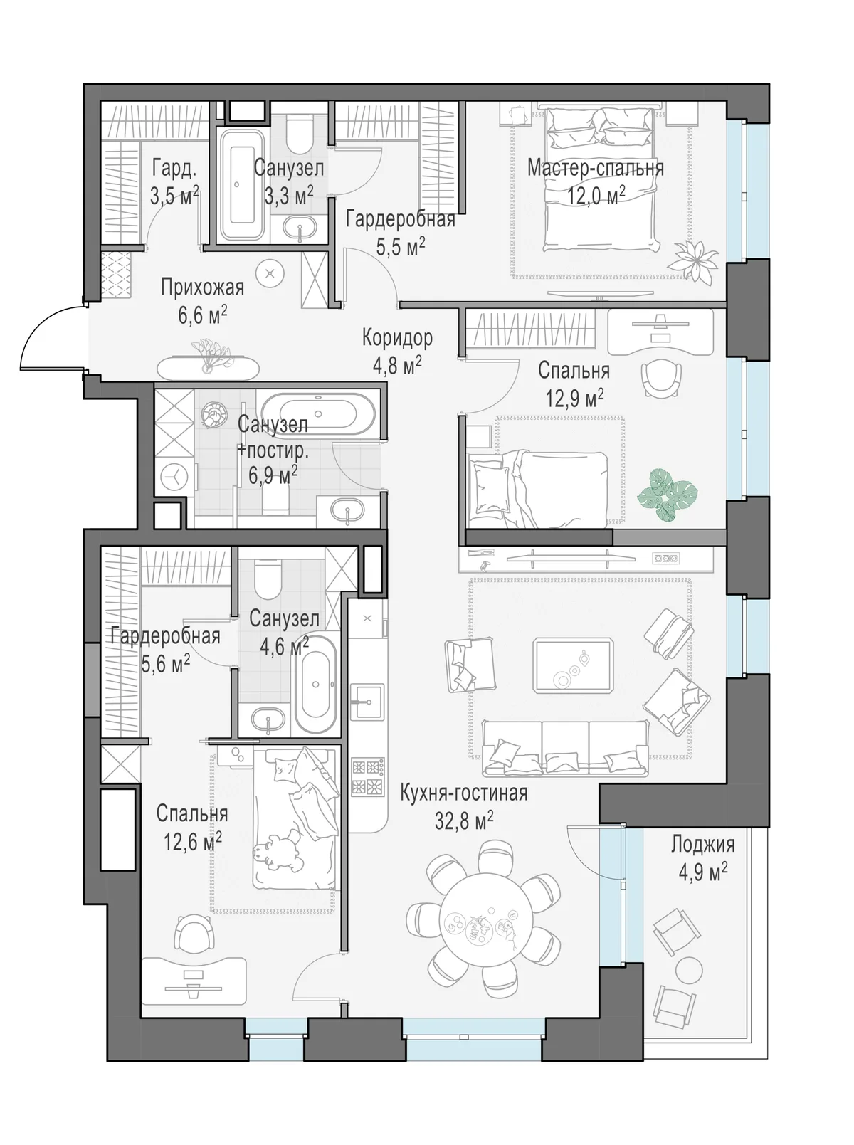 3-комнатная квартира 113,9 м² в ЖК «Foriver» — планировки 3