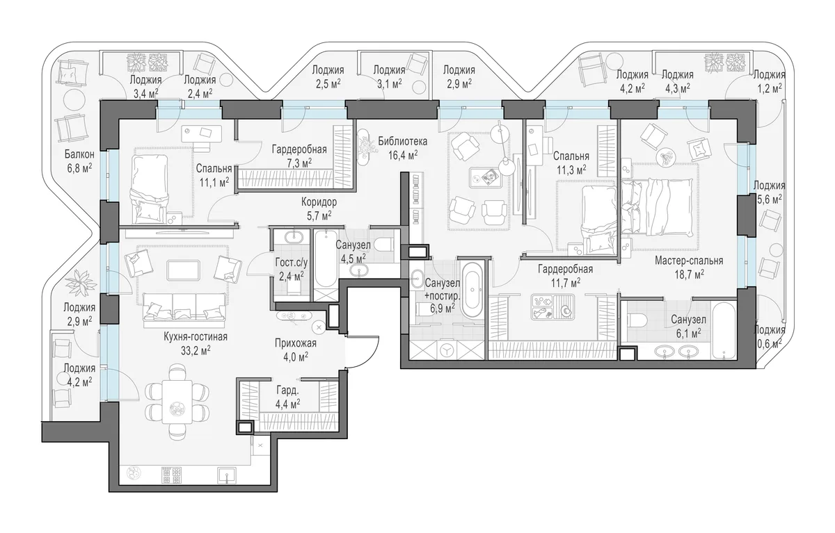 4-комнатная квартира 164,7 м² в ЖК «Foriver» — планировки 3