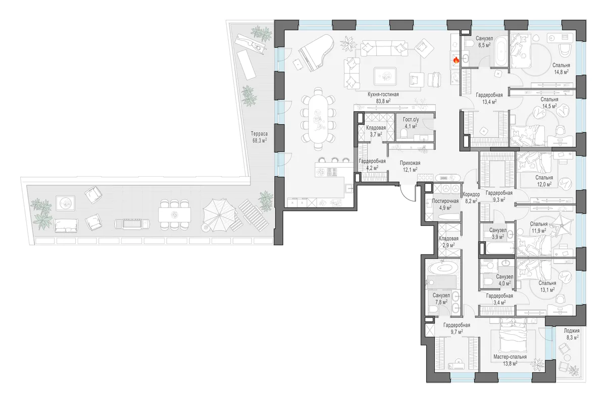 6-комнатный пентхаус 287 м² в ЖК «Foriver» — планировки 1