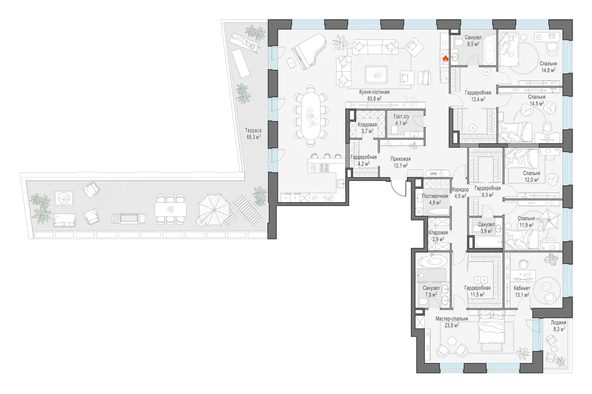 6-комнатный пентхаус 287 м² в ЖК «Foriver» — планировки 3
