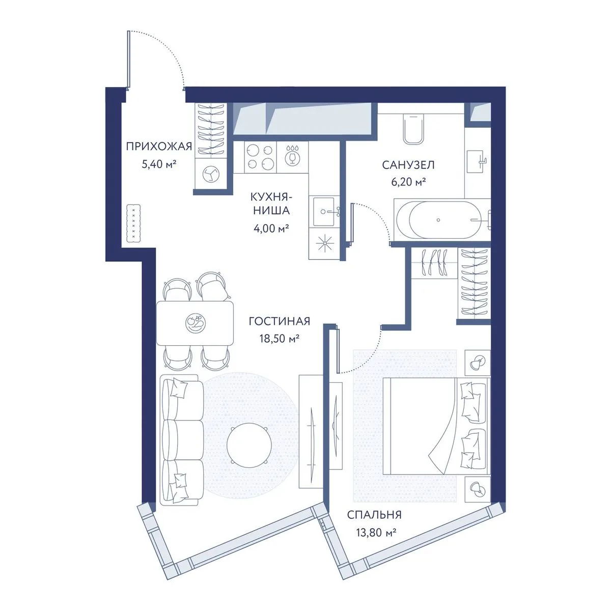 1-комнатная квартира 48 м² в ЖК «HideOUT» — планировки 1