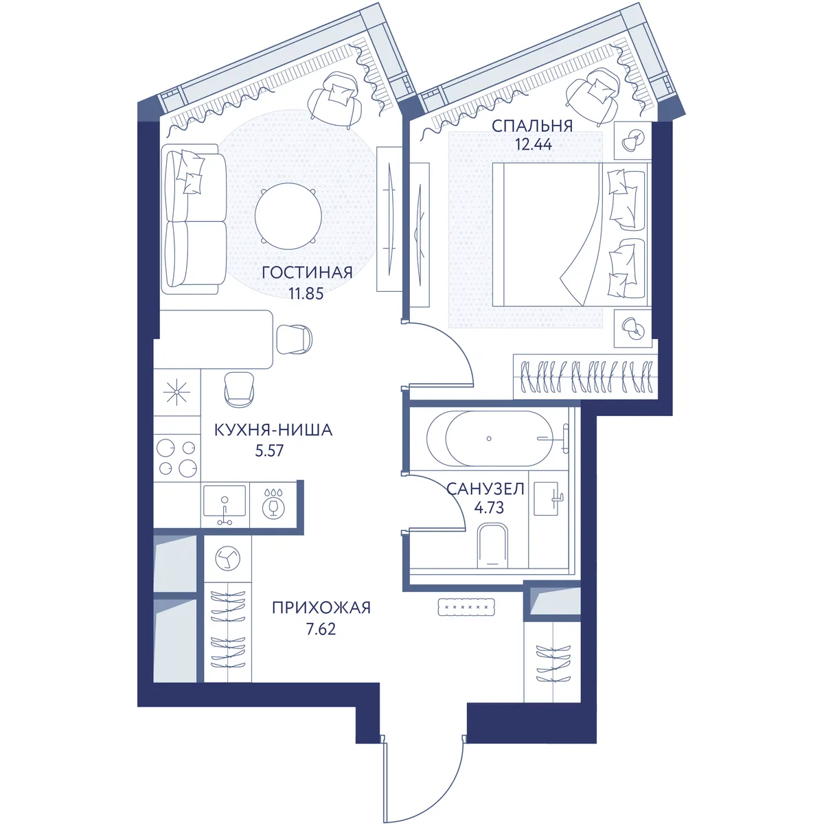 1-комнатная квартира 42,2 м² в ЖК «HideOUT» — планировки 1