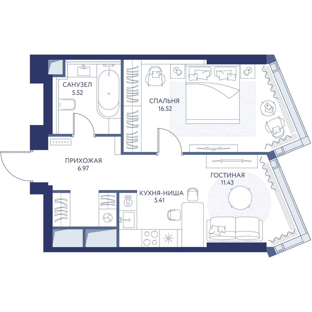 1-комнатная квартира 45,8 м² в ЖК «HideOUT» — планировки 1