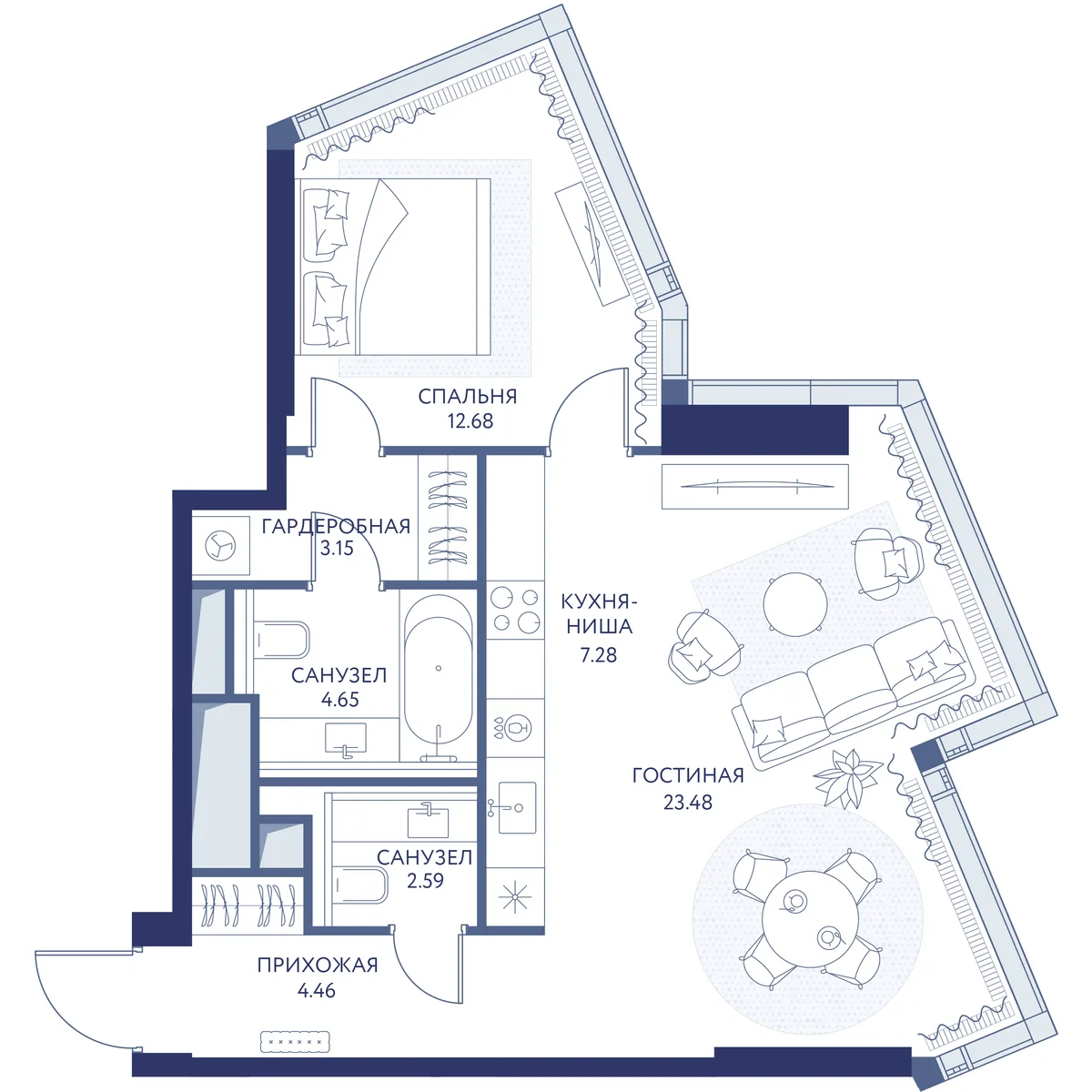 1-комнатная квартира 58,4 м² в ЖК «HideOUT» — планировки 1