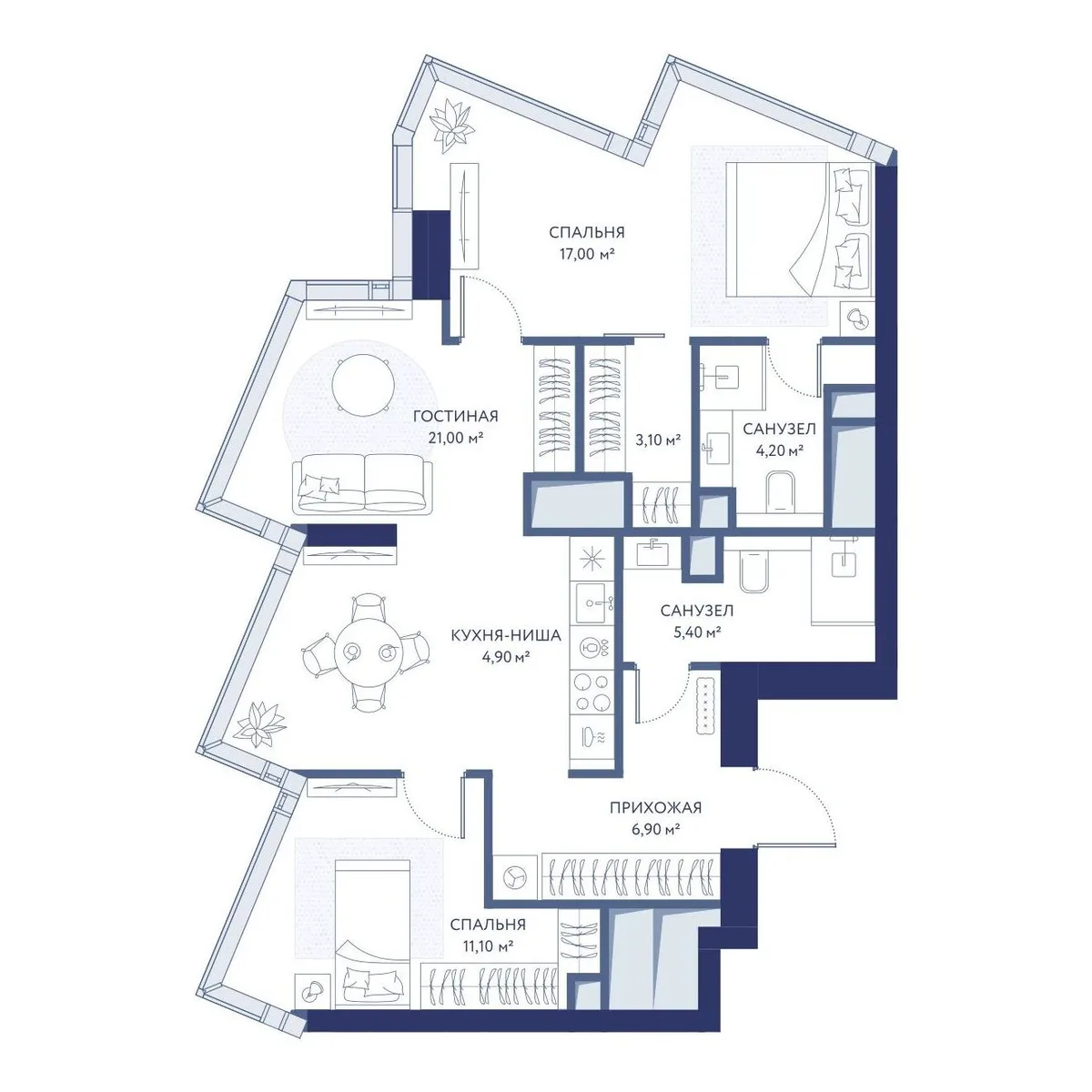 2-комнатная квартира 73,6 м² в ЖК «HideOUT» — планировки 1