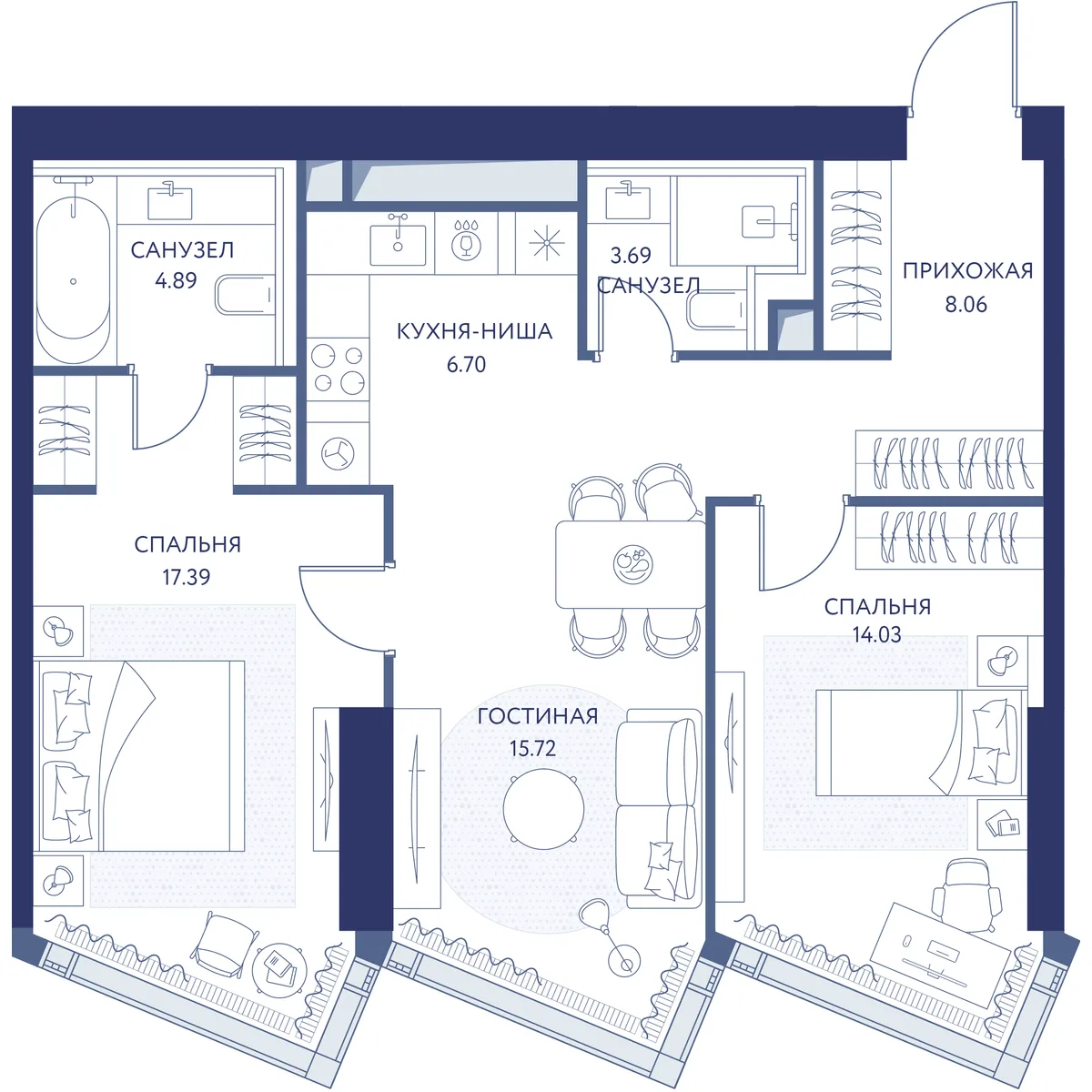 2-комнатная квартира 70,5 м² в ЖК «HideOUT» — планировки 1