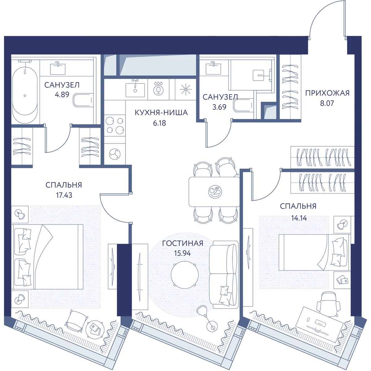2-комнатная квартира 70,3 м² в ЖК «HideOUT» — планировки 1