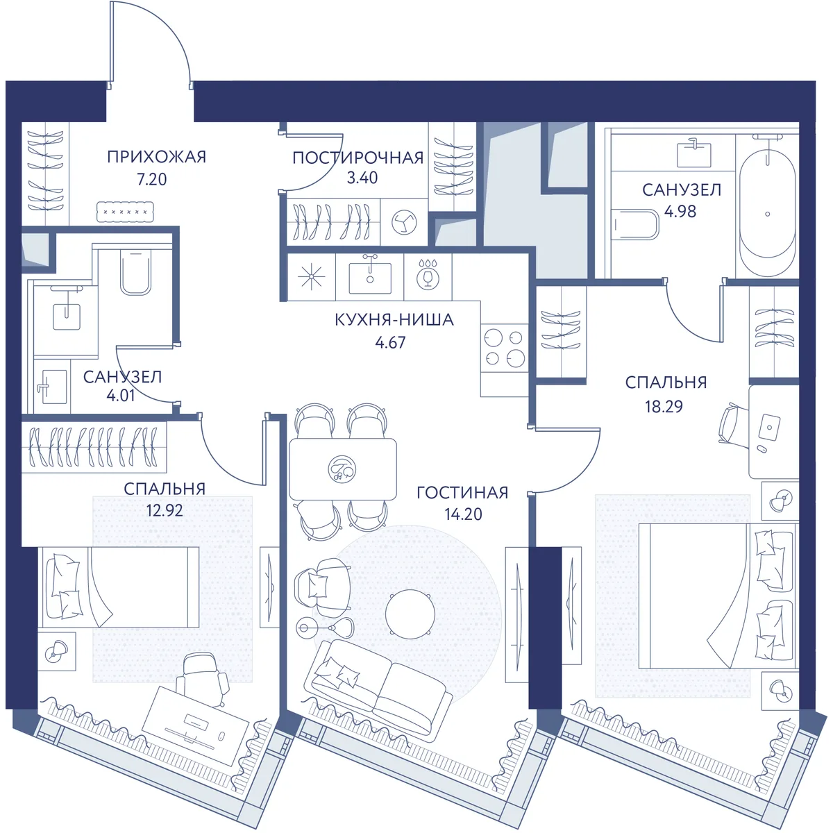 2-комнатная квартира 69,7 м² в ЖК «HideOUT» — планировки 1