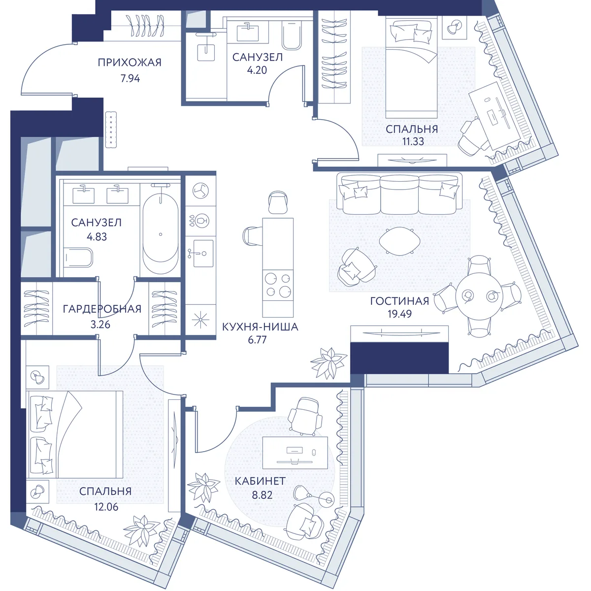 2-комнатная квартира 78,7 м² в ЖК «HideOUT» — планировки 1