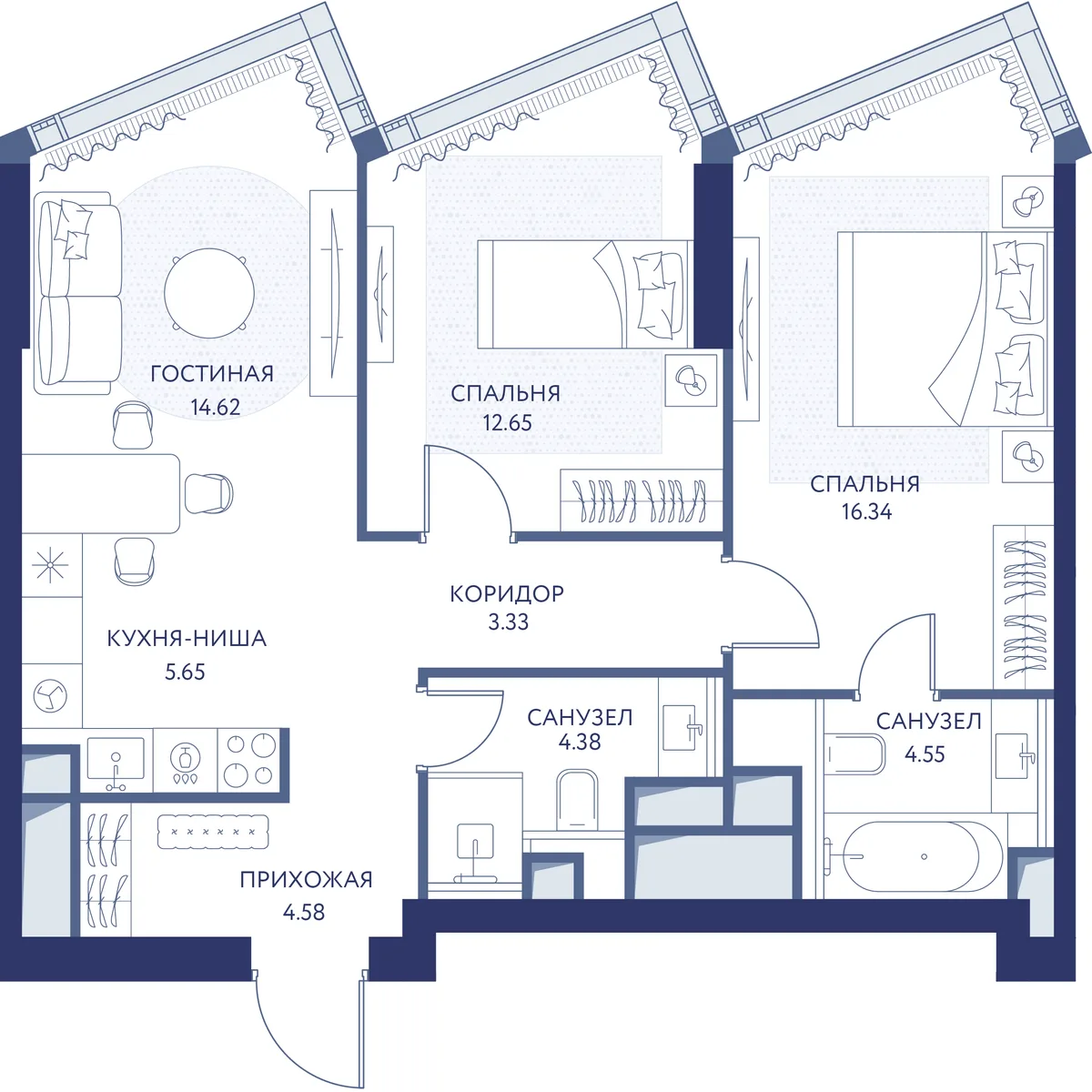 2-комнатная квартира 65,9 м² в ЖК «HideOUT» — планировки 1