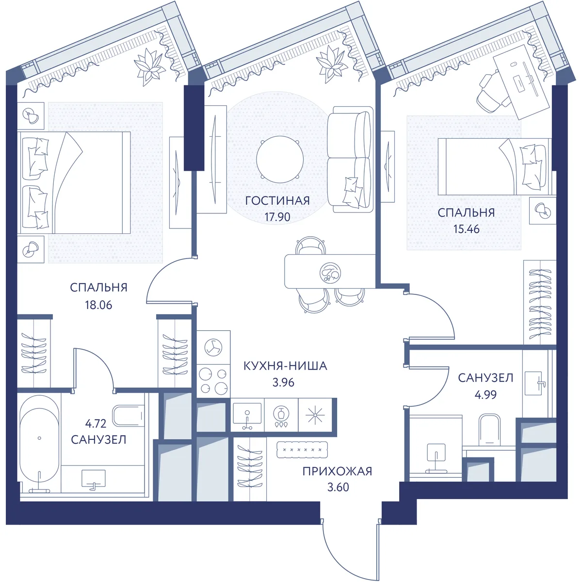 2-комнатная квартира 68,8 м² в ЖК «HideOUT» — планировки 1