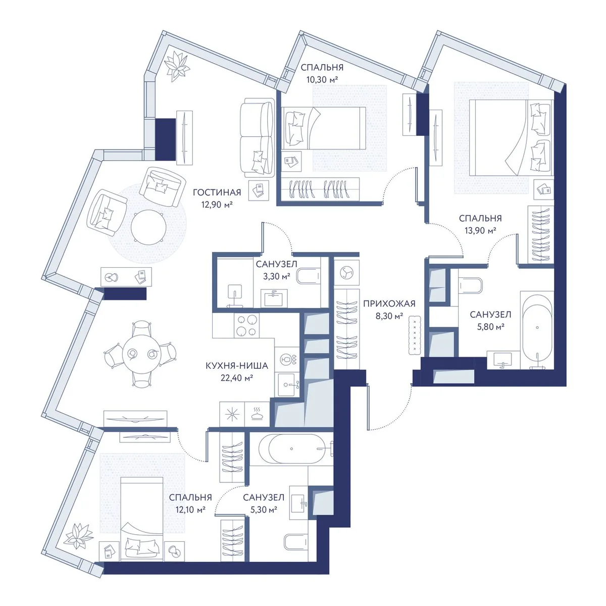 3-комнатная квартира 94,3 м² в ЖК «HideOUT» — планировки 1