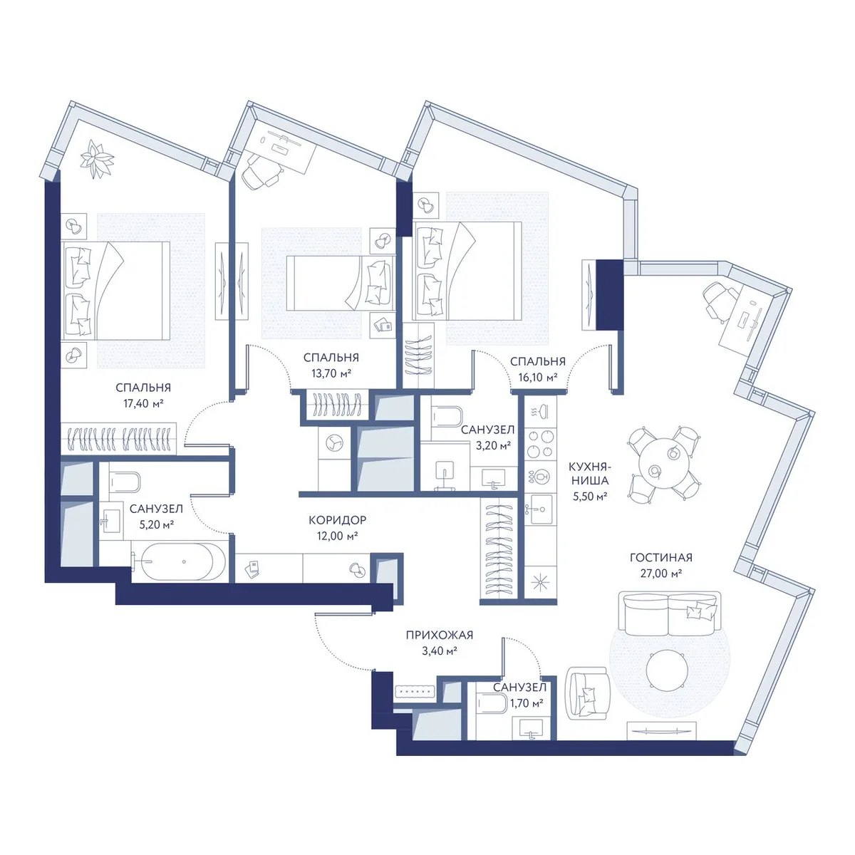 3-комнатная квартира 105,2 м² в ЖК «HideOUT» — планировки 1