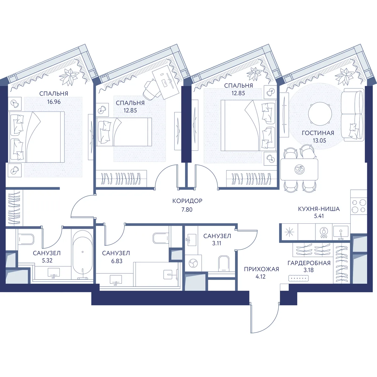 3-комнатная квартира 91,4 м² в ЖК «HideOUT» — планировки 1