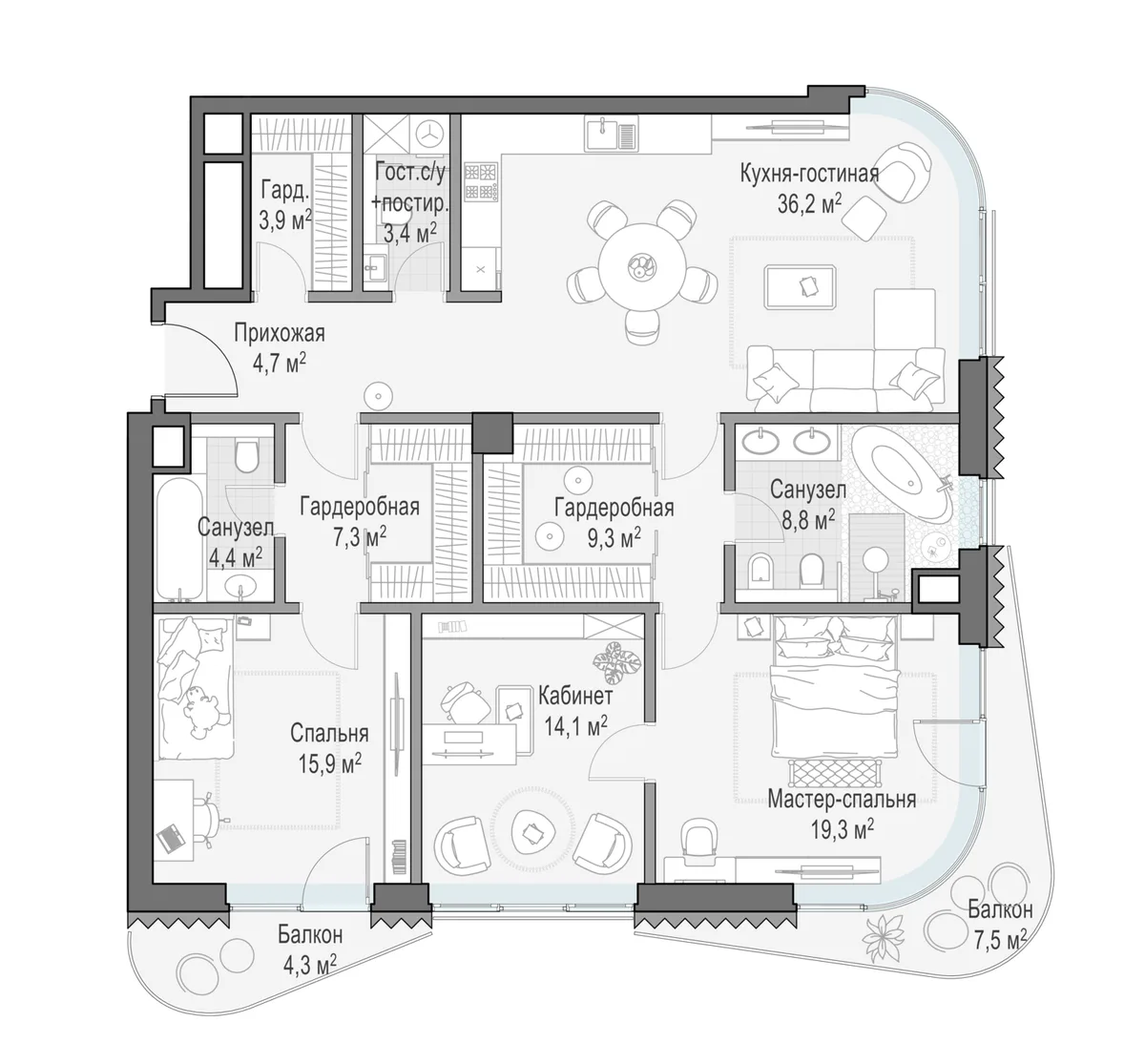 3-комнатная квартира 130,7 м² в ЖК «Лаврушинский» — планировки 1