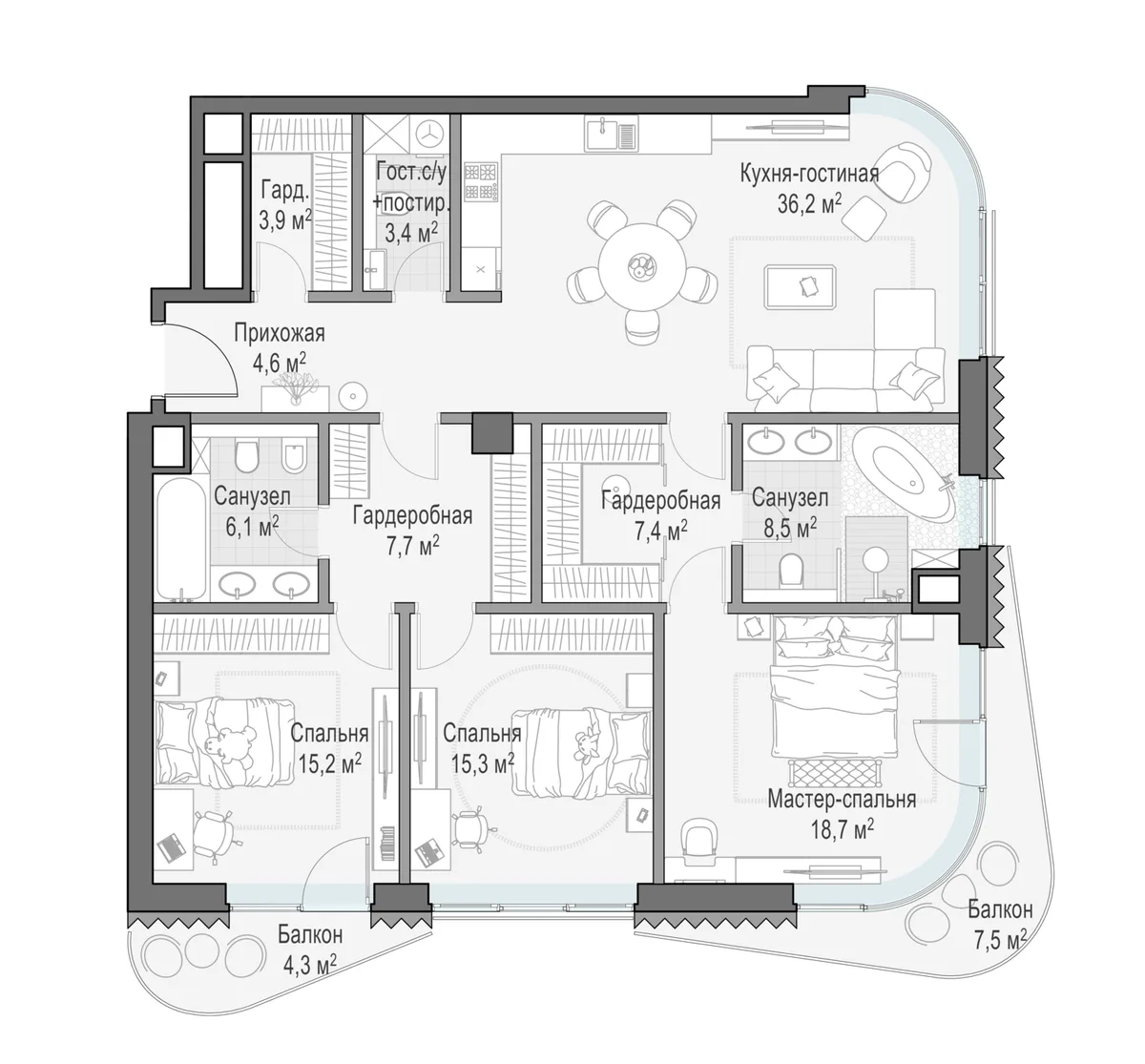 3-комнатная квартира 130,7 м² в ЖК «Лаврушинский» — планировки 2
