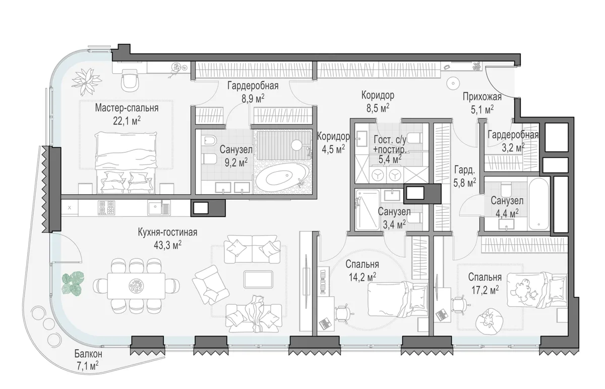 3-комнатная квартира 158,1 м² в ЖК «Лаврушинский» — планировки 3