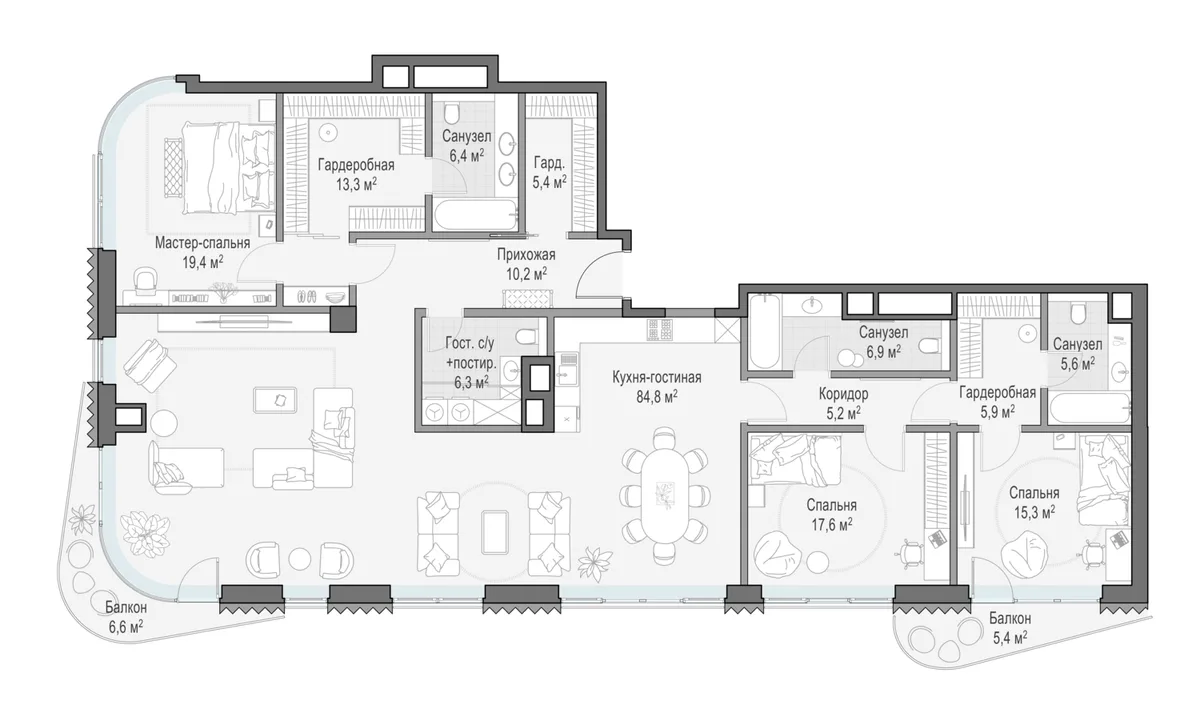 4-комнатная квартира 203,6 м² в ЖК «Лаврушинский» — планировки 1