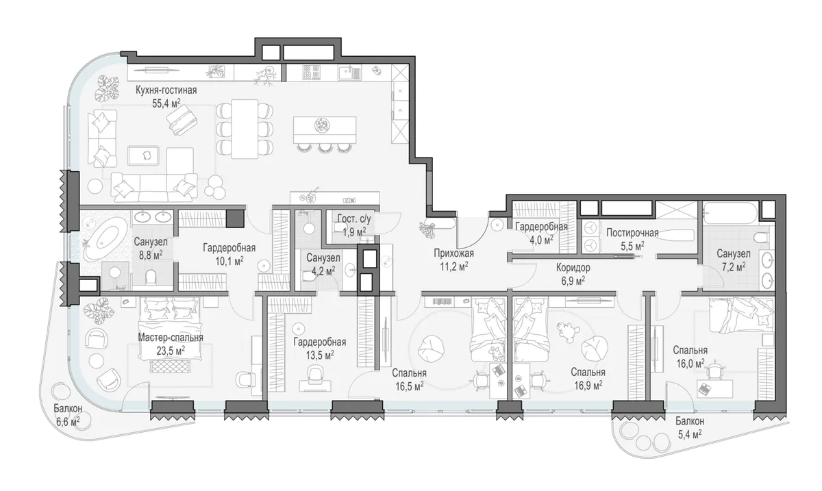 4-комнатная квартира 203,6 м² в ЖК «Лаврушинский» — планировки 2
