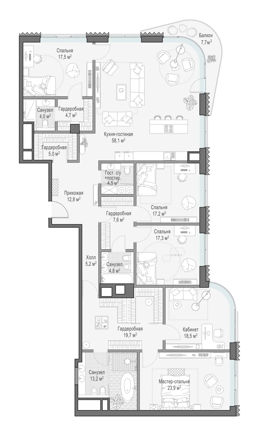 4-комнатная квартира 233,9 м² в ЖК «Лаврушинский» — планировки 1