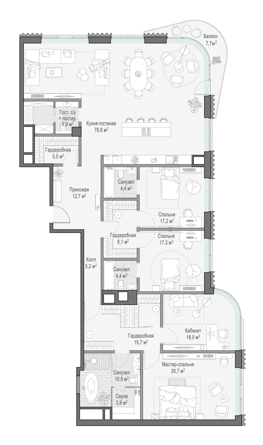 4-комнатная квартира 233,9 м² в ЖК «Лаврушинский» — планировки 3