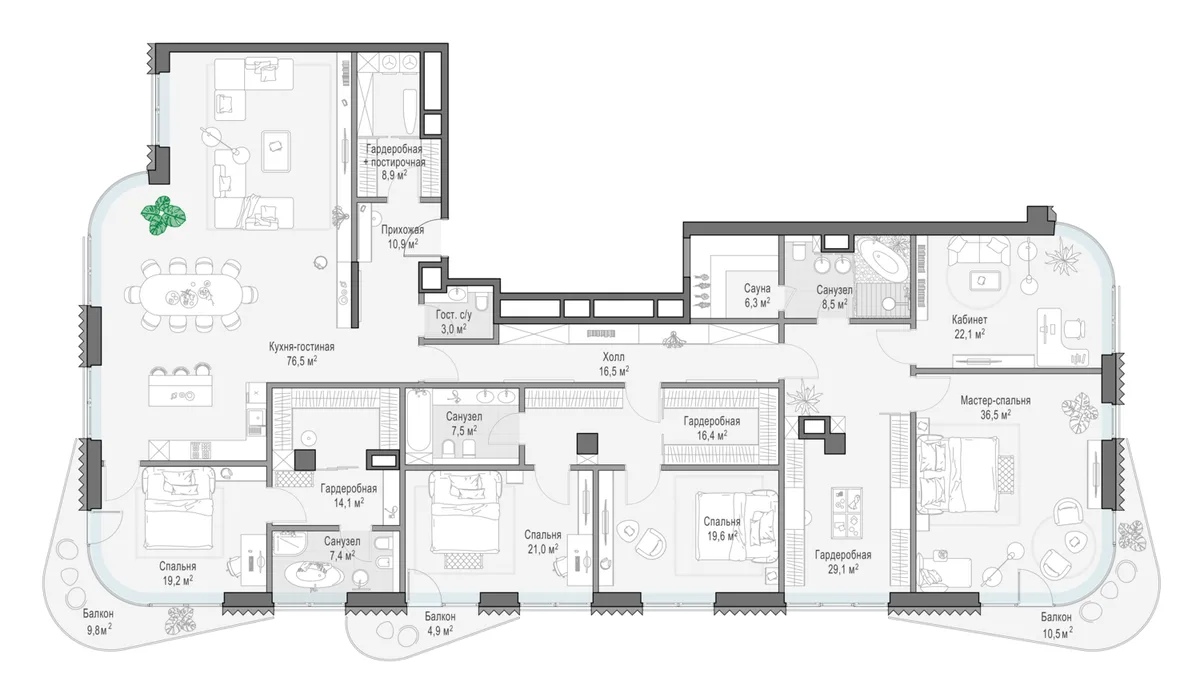 6-комнатная квартира 328 м² в ЖК «Лаврушинский» — планировки 2