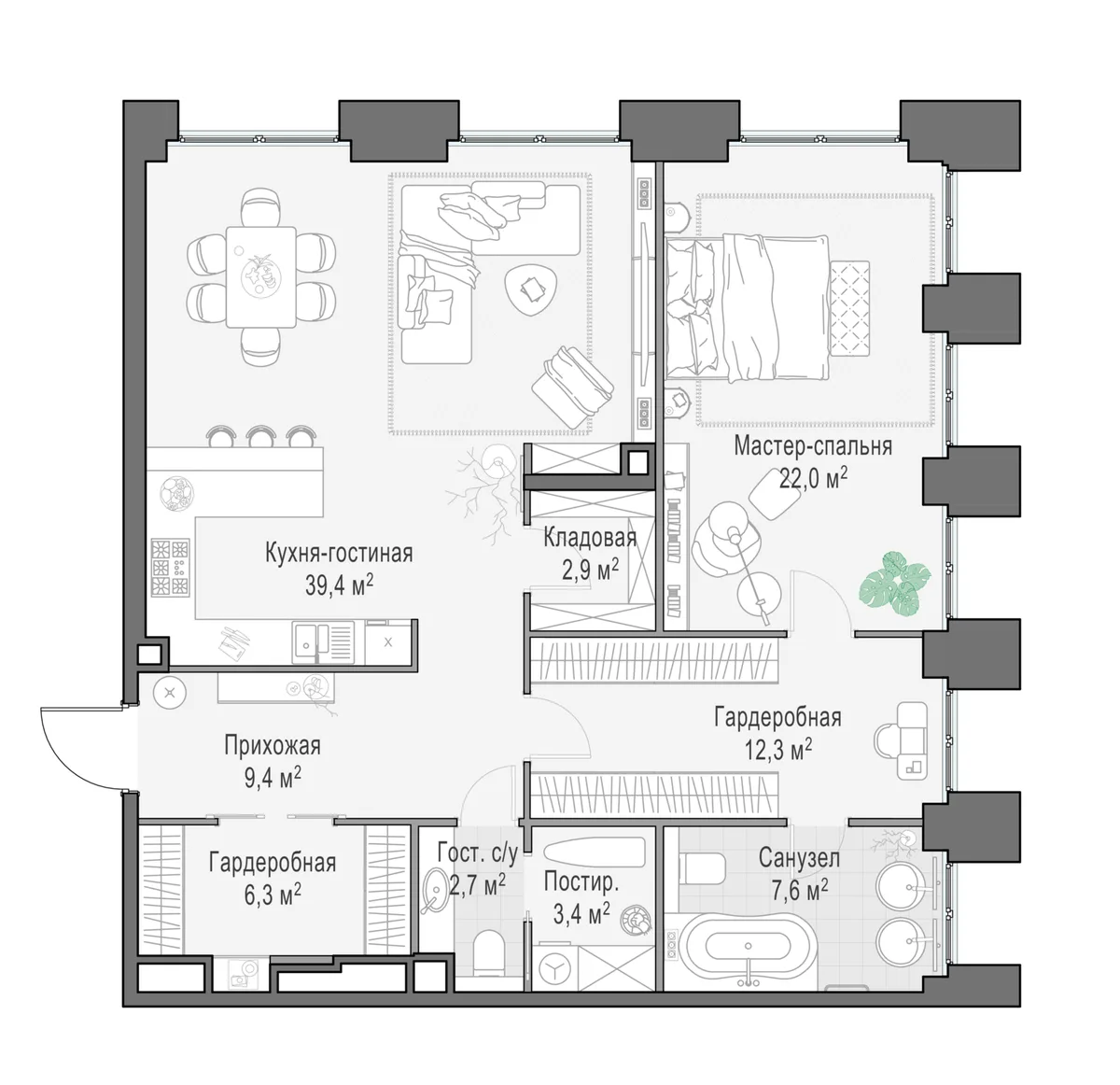 3-комнатная квартира 106,4 м² в ЖК «Life Time» — планировки 2