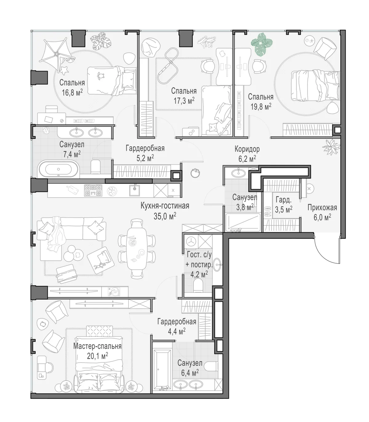 4-комнатная квартира 157,6 м² в ЖК «Life Time» — планировки 2