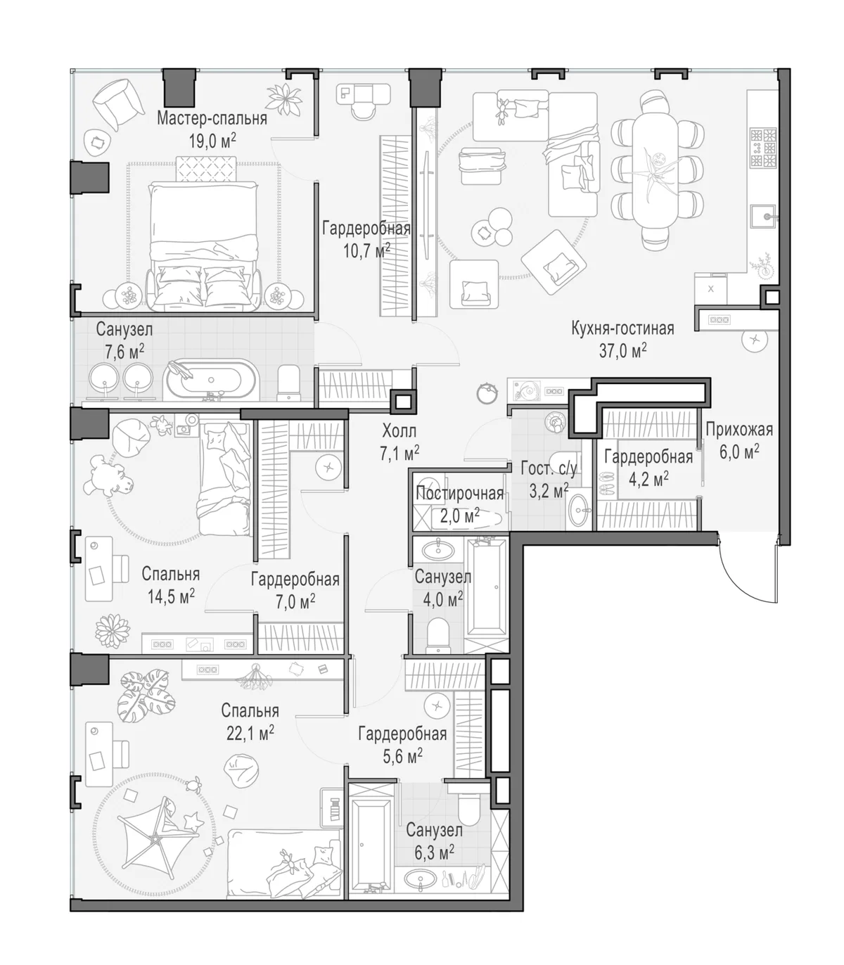 4-комнатная квартира 157,6 м² в ЖК «Life Time» — планировки 3